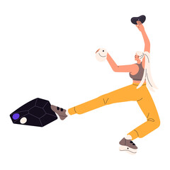 Woman climbing on bouldering wall. Climber upwards on rock in artificial mountain park. Athlete holds on, grips on, grabs on stones on height. Extreme sport. Flat isolated vector illustration on white © Paper Trident