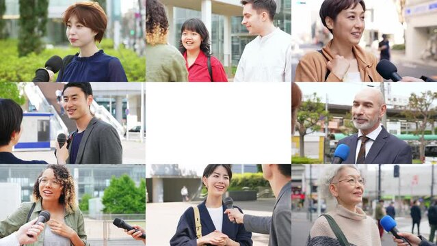 Collage of various street interview scenes. Expansion, Reduction transition from white background.