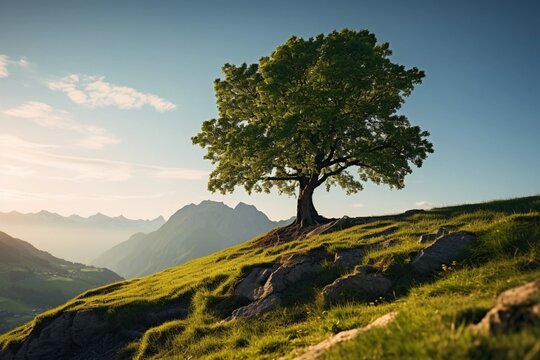 the tree on the hill with blue sky 