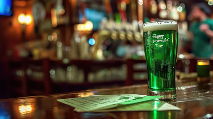 Happy St. Patrick's Day inscription on a piece of paper next to a glass of green beer in a bar, Irish national holiday, traditional drink, note, restaurant, Ireland