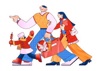 Chinese New Year family of four paying a New Year call traditional culture flat illustration