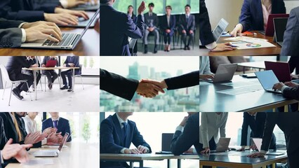 Collage of various business scene scenes. Expansion, Reduction transition from handshaking scene. - Powered by Adobe