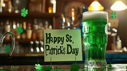 Happy St. Patrick's Day inscription on a piece of paper next to a glass of green beer in a bar, Irish national holiday, traditional drink, note, restaurant, Ireland - Powered by Adobe
