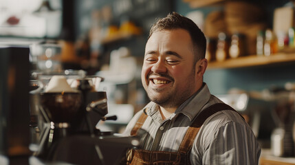 Young Man With Down Syndrome Working as a Barista in a Café - obrazy, fototapety, plakaty