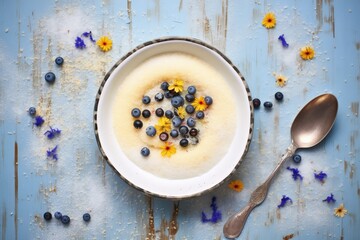 spoon submerged in semolina porridge with scattered blueberries
