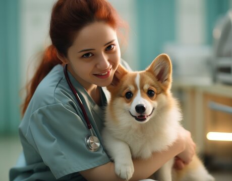 Female doctor in hospital holding adorable corgi puppy, animal photography pics