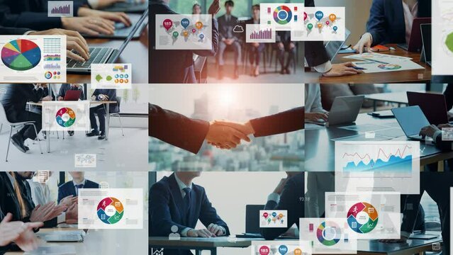Collage of various business scene scenes and digital document concept. Management strategy.