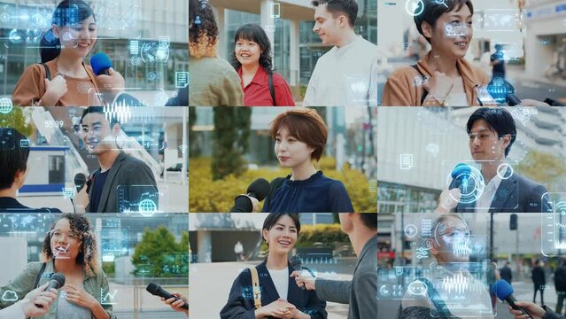 Collage of various street interview scenes and digital technology concept.