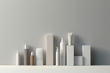 Gray, White  bottles, cup, Tube box of cosmetic products on a white backgraound