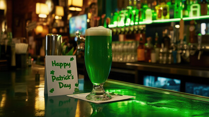 Happy St. Patrick's Day inscription on a piece of paper next to a glass of green beer in a bar, Irish national holiday, traditional drink, note, restaurant, Ireland - obrazy, fototapety, plakaty