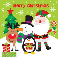 Christmas Santa Claus with Snowman Reindeer and Penguin