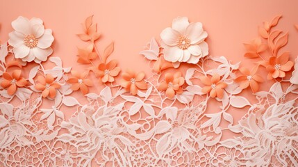 Peach fuzz abstract background with openwork lacy fabric texture, decorated with flowers - obrazy, fototapety, plakaty