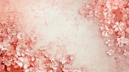 Peach color abstract background with openwork lacy fabric texture, decorated with flowers - obrazy, fototapety, plakaty