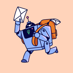 Digital delivery service. Communication by email. Robot postman, machine courier running, hold letter in hand. Messenger bot with backpack of mails, correspondence. Flat isolated vector illustration