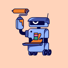 Robot with paint roller repairs, painting wall. Bot artist drawing artwork. Cyborg painter, AI designer create digital interface, UI design. Web reconstruction. Flat isolated vector illustration