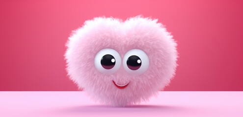 cute fuzzy furry heart on a monochrome background with emotion. Cartoon Heart with big realistic eyes. Pink shades