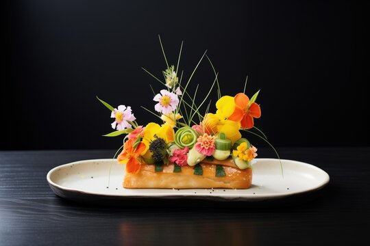 elegant bruschetta arrangement, black plate, edible flowers garnish