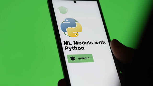 January 03th 2024. Student enrolls to ML Models with Python program on a phone, upskilling certification by e-learning