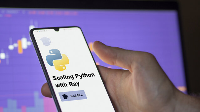 January 03th 2024. Student enrolls to Scaling Python with Ray program on a phone, upskilling certification by e-learning