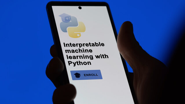 January 03th 2024. Student enrolls to Interpretable machine learning with Python program on a phone, upskilling certification by e-learning