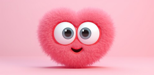 cute fuzzy furry heart on a monochrome background with emotion. Cartoon Heart with big realistic eyes. Pink shades