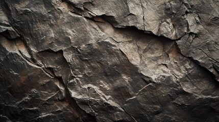 Textured stone background created by a dark brown, rough mountain surface with prominent cracks. Substantial space available for design.
