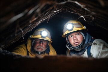 two explorers navigating with headlamps in a tight crawl space - obrazy, fototapety, plakaty
