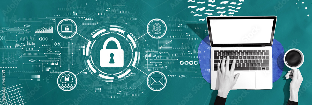Poster internet network security concept with person using a laptop computer