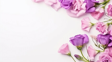 flowers purple rose and lisianthus composition on a white background copy space template