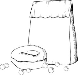 Glazed donut with round candies and paper craft bag for takeaway vector graphic illustration for breakfast and coffee break designs, bakery or cafe menu