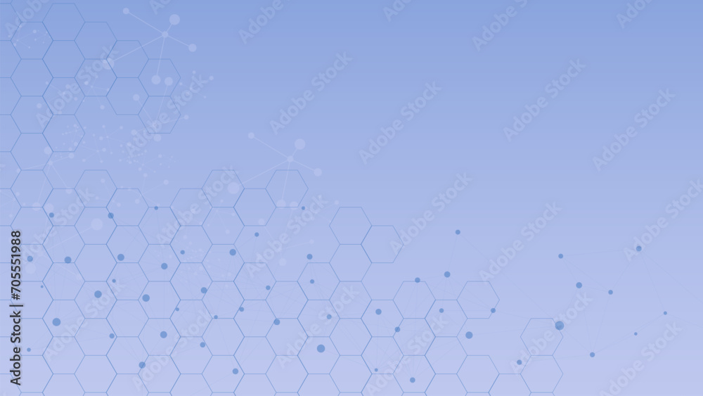 Poster abstract hexagons with points and molecule for science and technology design background.