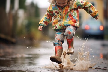 kid in rain boots jumping in a muddy puddle
