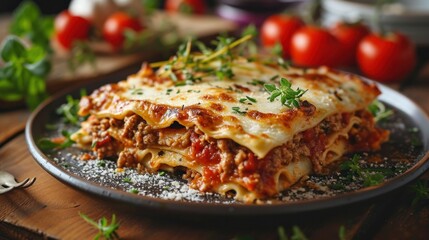 Serving Italian Lasagna on Colorful Background