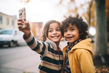 two kids taking a selfie with a smartphone in hand