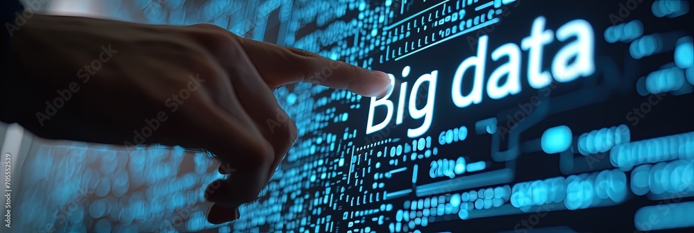 Aufkleber Hand interact with illuminated Big Data display, human element in data analytics and technology