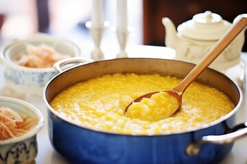 spoon swirling in a pot of golden risotto milanese