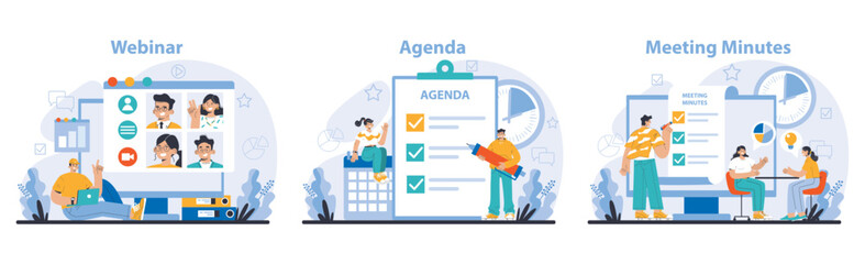 Business meeting set. Interactive webinar engagement, detailed agenda planning, and concise meeting minutes documentation. Seamless corporate coordination. Flat vector illustration.