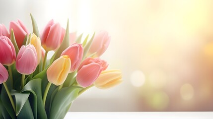 Tulips on a light background, copy space.