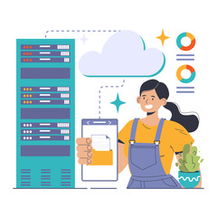Cloud Storage concept. Enthusiastic woman uploading files from her smartphone to the cloud server, ensuring data safety. Streamlined digital file management. Flat vector illustration