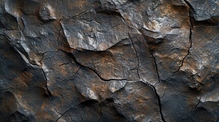 Textured stone background created by a dark brown, rough mountain surface with prominent cracks. Substantial space available for design. 