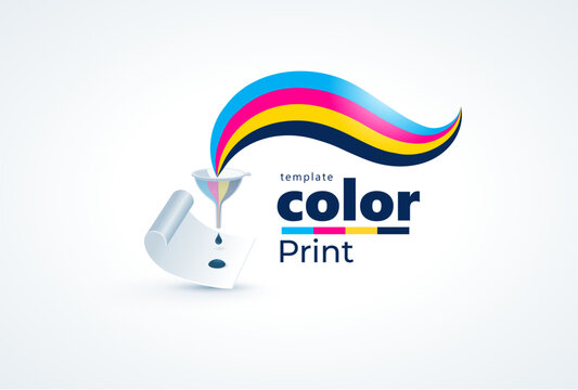 Cmyk Color Print Logo Polygraphy theme. Ink stripes lines and watering can. Template design vector. White background.