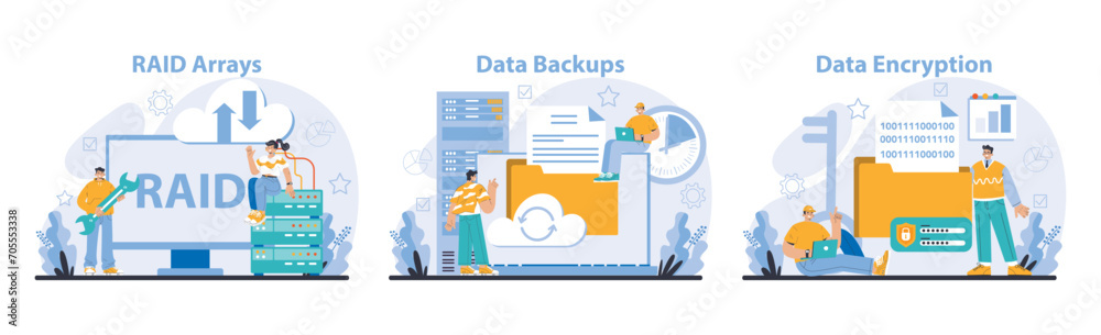 Poster data storage essentials set. raid technology, secure backup solutions, and encryption processes. saf