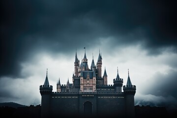 dark castle silhouette against a stormy sky backdrop - obrazy, fototapety, plakaty