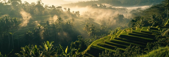 Dramatic sunrise over Bali's terraced rice paddies, with rays piercing through the morning mist. - obrazy, fototapety, plakaty