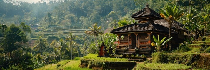 Fototapeta na wymiar Traditional Balinese house nestled in lush rice terraces, showcasing cultural architecture.