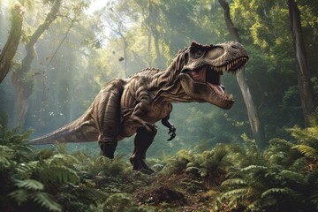 Ferocious Tyrannosaurus rex roaring in a sunlit prehistoric forest, surrounded by dense ferns.