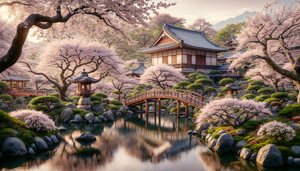 Cherry Blossoms in Tranquil Japanese Garden - obrazy, fototapety, plakaty