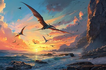Pterosaurs gliding over ocean at sunset, against the vivid sky above rugged coastal cliffs