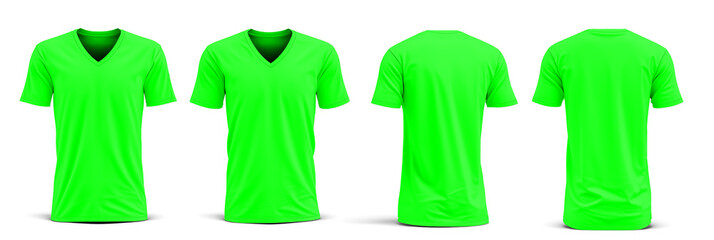 Blank green shirt template. Tee Shirt short  sleeve with v-neck, tshirt for design mockup for print, isolated on white background.