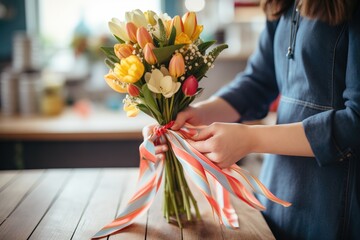 hands tying ribbon on wrapped flower bouquet